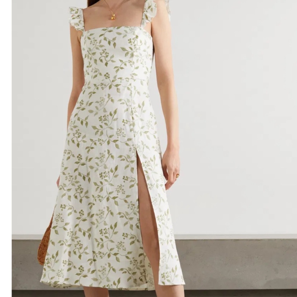 Reformation Spaulding Ruffled Floral-Print Linen Midi Dress in size 0